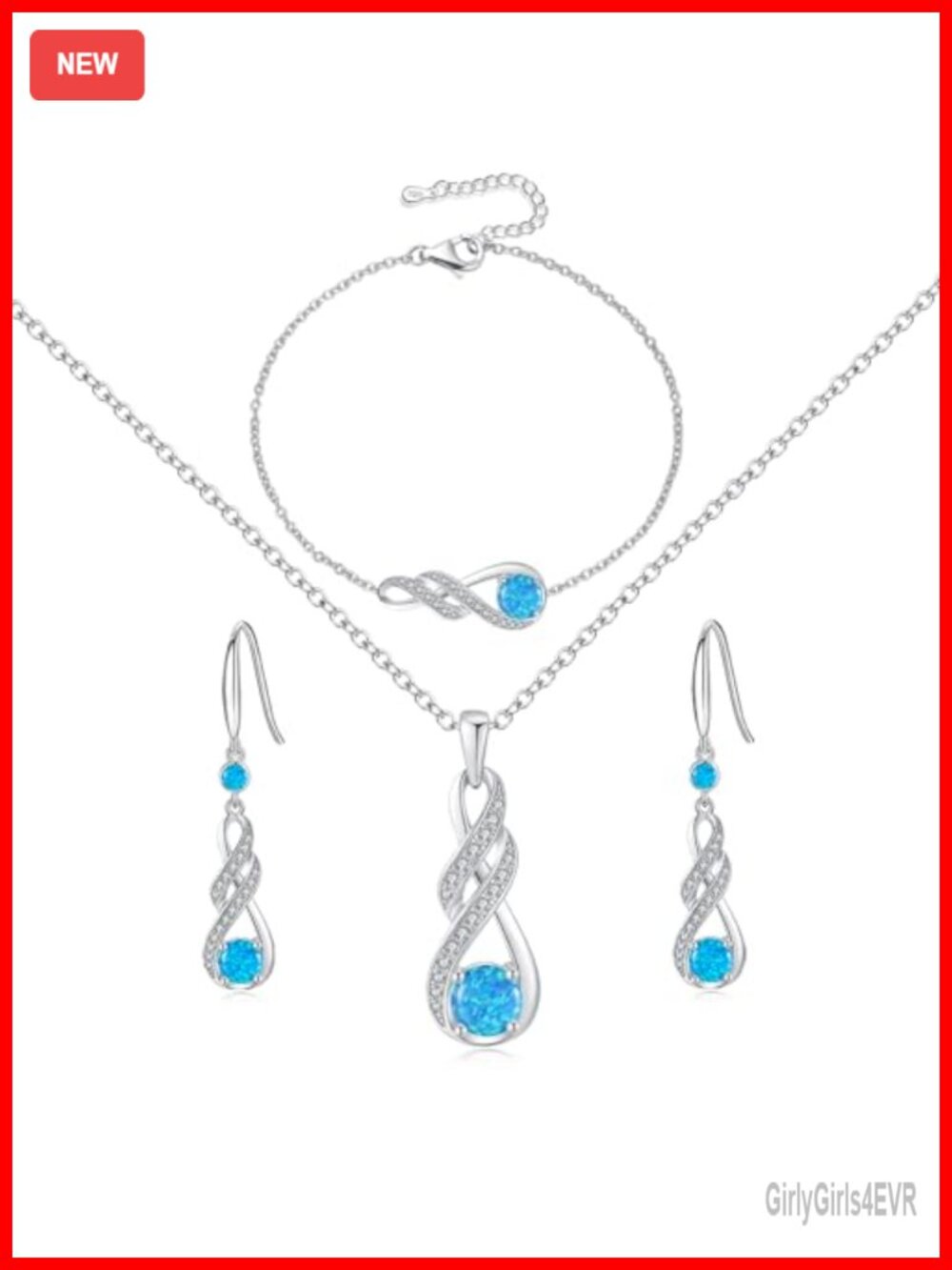 10K White Gold Infinity Birthstone Necklace Bracelet Earrings Set